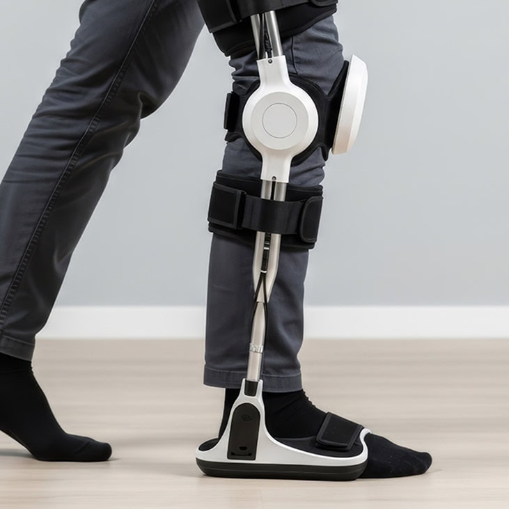 Person im Profil mit Exoskelett am Bein bewegt sich nach vorne